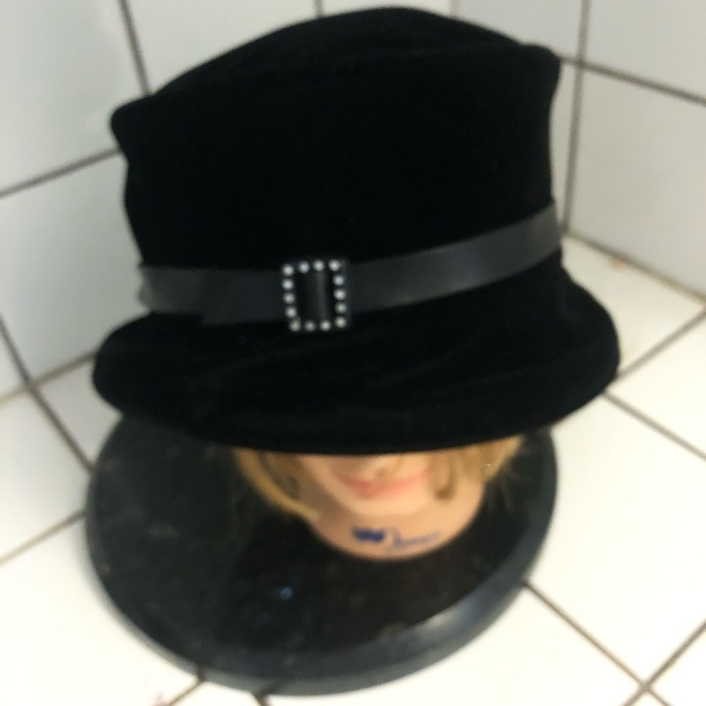 Vintage Black Velvet box hat with Studded Band and red satin lining. Delicious